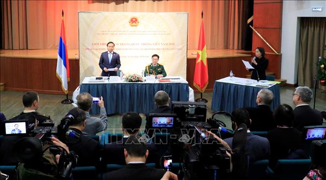 Trong ảnh: Quang cảnh lễ giới thiệu Sách trắng Quốc phòng Việt Nam năm 2019 tại Liên bang Nga. Ảnh: Duy Trinh - Pv TTXVN tại Liên bang Nga  