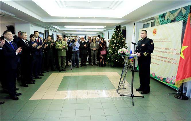 Trong ảnh: Phó Tổng Tham mưu trưởng các Lực lượng vũ trang Nga, Phó Đô đốc Viktor Nikolayevich Liina phát biểu tại buổi lễ. Ảnh: Trần Hiếu - Pv TTXVN tại Liên bang Nga  