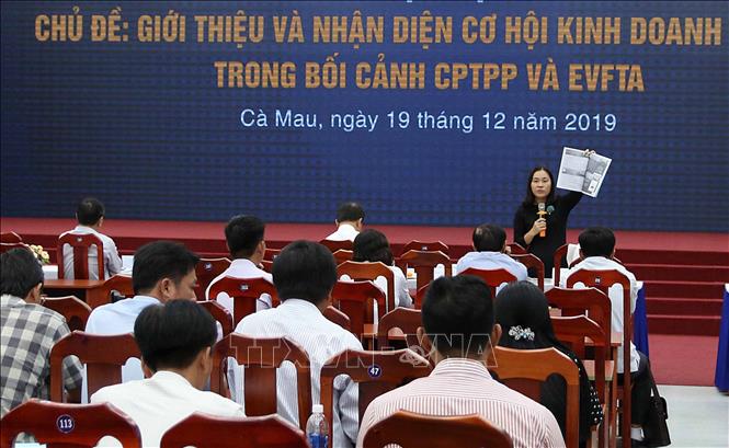 Bà Nguyễn Thị Phương Linh, Phó Giám đốc Phòng Thương mại và Công nghiệp Việt Nam (VCCI) chi nhánh Cần Thơ trao đổi, làm rõ một số nội dung được các doanh nghiệp quan tâm tại Hội nghị. Ảnh: Kim Há-TTXVN 