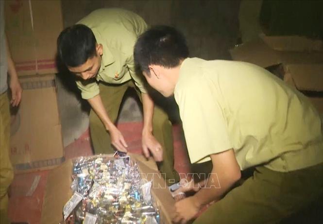 Trong ảnh: Lực lượng chức năng kiểm tra lô hàng bắt giữ được. Ảnh: Võ Dung - TTXVN