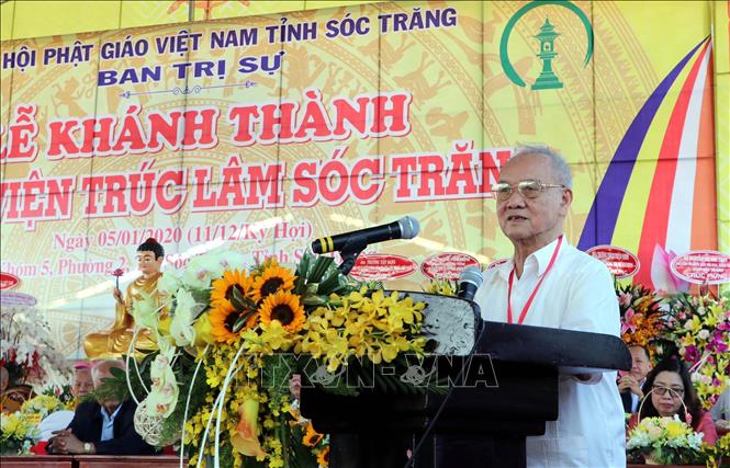 Trong ảnh: Đại tướng Phạm Văn Trà, người khởi xướng kêu gọi Phật tử nhà hảo tâm đóng góp xây dựng Thiền viện Trúc Lâm Sóc Trăng phát biểu tại lễ Khánh thành. Ảnh: Trung Hiếu - TTXVN