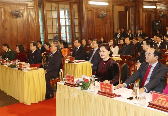 Trong ảnh: Chủ tịch Quốc hội Nguyễn Thị Kim Ngân với các đại biểu dự hội nghị. Ảnh: Trọng Đức - TTXVN