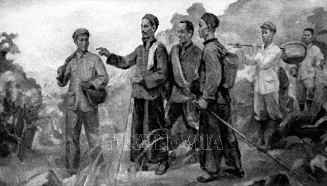 Cao trào cách mạng giải phóng dân tộc (1939 - 1945) dưới sự lãnh đạo sáng suốt, kiên quyết của Đảng, đứng đầu là Lãnh tụ Nguyễn Ái Quốc cùng với sự đoàn kết hăng hái, chiến đấu ngoan cường và hy sinh to lớn của biết bao đảng viên cộng sản, chiến sĩ và đồng bào yêu nước đã kết thúc thắng lợi bằng cuộc Cách mạng tháng Tám năm 1945. Trong ảnh: Ngày 28/1/1941, Bác Hồ từ Trung Quốc về nước và ở tại Pác Bó (Cao Bằng), trực tiếp lãnh đạo phong trào cách mạng. Ảnh: Tranh tư liệu/TTXVN phát