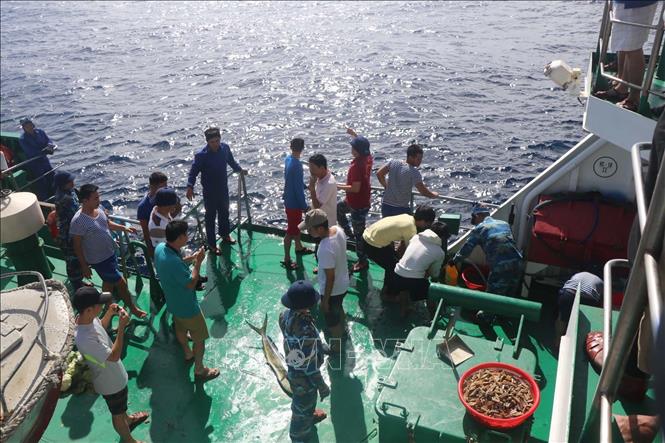 Trong ảnh: Ngư dân bán cá tại Trường Sa. Ảnh: Nguyễn Văn Nhật - TTXVN