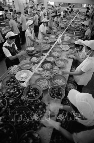 Trong ảnh: Nhà máy Thực phẩm đông lạnh số 1, nơi chế biển các sản phẩm hải sản xuất khẩu với quy mô 3.300 công nhân. Vào năm 1987, nhà máy đã bán được 2.400 tấn cá cho Nhật Bản và Australia, tổng giá trị 21 triệu USD. Ảnh: Tư liệu TTXVN