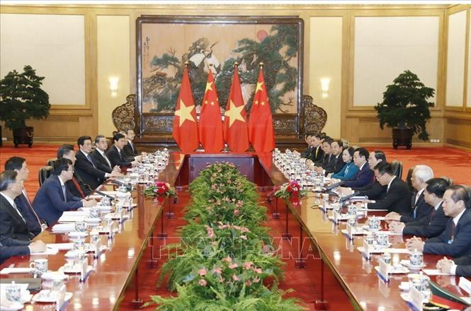 Trong ảnh: Tổng Bí thư, Chủ tịch Trung Quốc Tập Cận Bình hội đàm với Chủ tịch nước Trần Đại Quang thăm cấp Nhà nước Trung Quốc, chiều 11/5/2017. Ảnh: Nhan Sáng-TTXVN