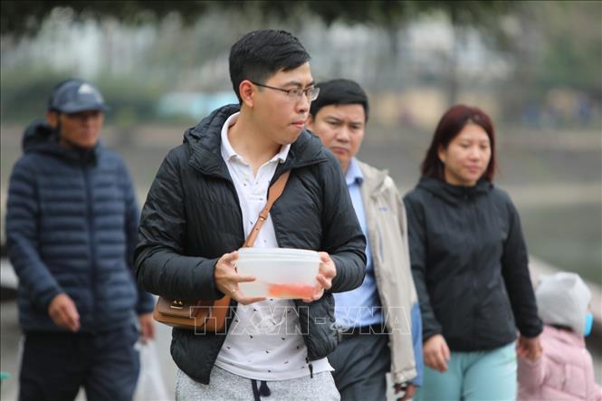Trong ảnh: Người Việt thả cá chép để tiễn đưa ông Táo về trời, cầu mong năm mới bình an, thuận lợi. Ảnh: Thành Đạt - TTXVN