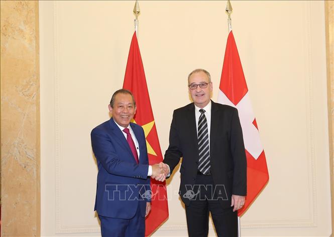 Photo: Deputy Prime Minister Truong Hoa Binh and Vice President and head of the Department of Economic Affairs, Education and Research of Switzerland Guy Parmelin. VNA Photo