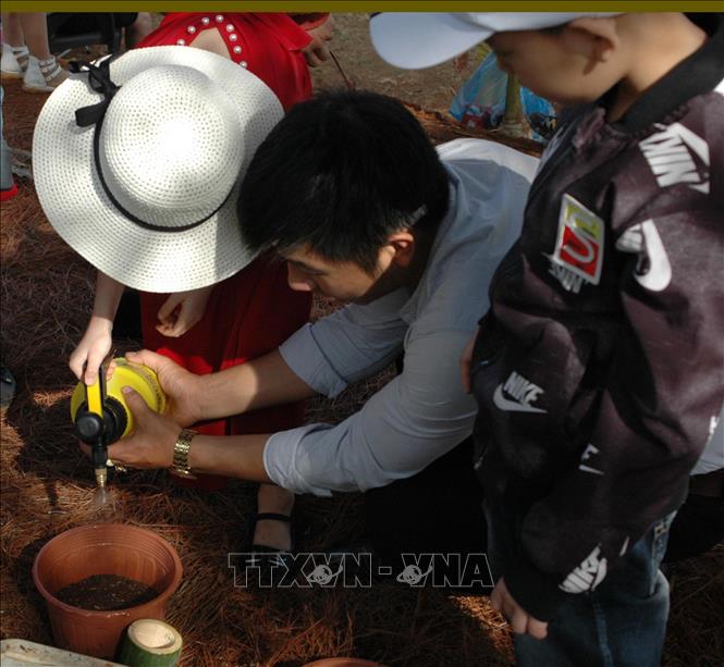 Trong ảnh:Du khách và học sinh tham gia trồng, chăm sóc rau sạch tại nông trại. Ảnh: Hống Điệp - TTXVN