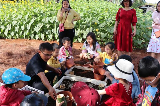 Trong ảnh: Trẻ em được các hướng dẫn viên nông trại dạy trồng hoa trong ống tre thay vì trong chậu nhựa để bảo vệ môi trường. Ảnh: Hồng Điệp - TTXVN 