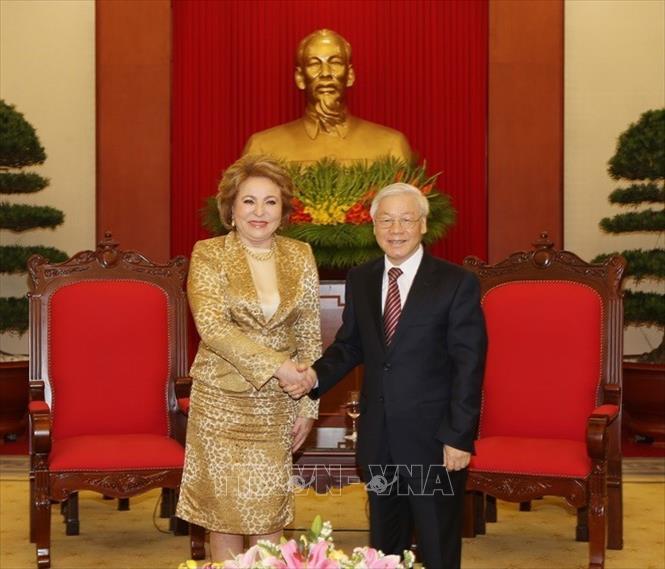 Trong ảnh: Tổng Bí thư Nguyễn Phú Trọng tiếp Chủ tịch Hội đồng Liên bang Nga Valentina Matviyenko thăm chính thức Việt Nam, sáng 22/2/2017, tại Hà Nội. Ảnh: Trí Dũng - TTXVN