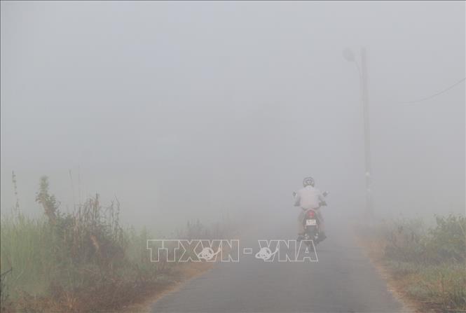 Trong ảnh: Sương mù dày đặc tại nội ô thị trấn Ngan Dừa, huyện Hồng Dân, tỉnh Bạc Liêu. Ảnh: Duy Khương - TTXVN