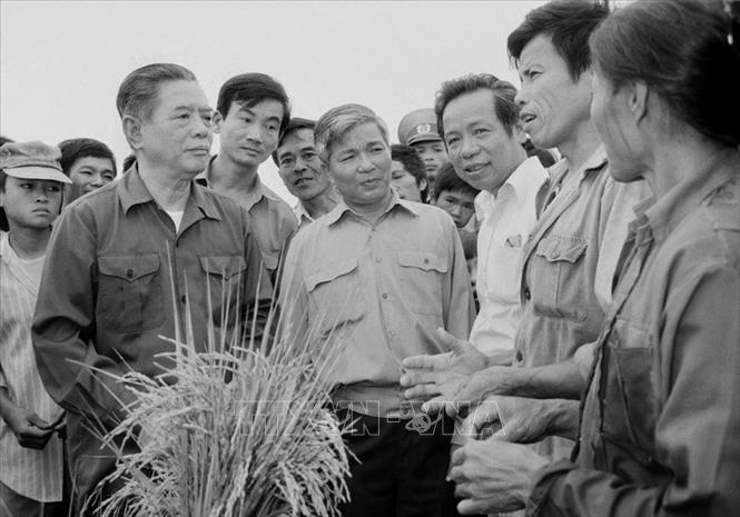 7. Tổng Bí thư Nguyễn Văn Linh. Tháng 12/1986, tại Đại hội đại biểu toàn quốc lần thứ VI của Đảng, đồng chí Nguyễn Văn Linh được bầu làm Tổng Bí thư. Trong ảnh: Tổng Bí thư Nguyễn Văn Linh về thăm và nói chuyện với bà con nông dân Hợp tác xã Tùng Phong, xã Tùng Ảnh, huyện Đức Thọ, tỉnh Nghệ Tĩnh (từ 23 - 27/05/1990). Ảnh: Xuân Lâm - TTXVN