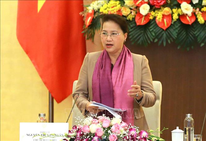 Photo: NA Chairwoman Kim Ngan speaks at the reception. VNA Photo: Doãn Tấn