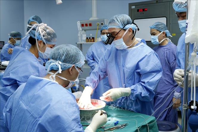 Trong ảnh: Ca bác sĩ Bệnh viện Trung ương Quân đội 108 thực hiện ca ghép “cẳng tay và bàn tay mới”. Ảnh: TTXVN phát