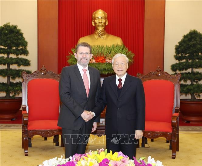 Trong ảnh: Chiều 22/1/2019, tại Hà Nội, Tổng Bí thư, Chủ tịch nước Nguyễn Phú Trọng tiếp Chủ tịch Thượng viện Australia Scott Ryan sang thăm chính thức Việt Nam. Ảnh: Trí Dũng – TTXVN