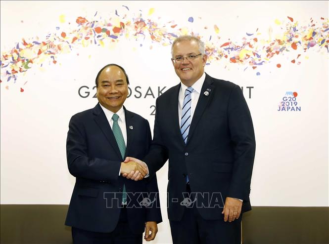Trong ảnh: Sáng 29/6/2019, tại thành phố Osaka (Nhật Bản), Thủ tướng Nguyễn Xuân Phúc gặp Thủ tướng Australia Scott Morrison. Ảnh: Thống Nhất – TTXVN