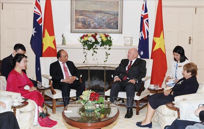 Trong ảnh: Ngày 15/3/2018, Thủ tướng Nguyễn Xuân Phúc và Phu nhân chào xã giao Toàn quyền Australia Peter Cosgrove trong chuyến thăm chính thức Australia. Ảnh: Thống Nhất - TTXVN