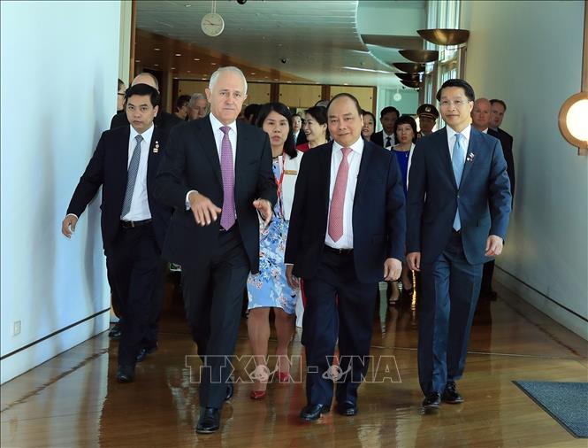 Trong ảnh: Thủ tướng Australia Malcolm Turnbull đón Thủ tướng Nguyễn Xuân Phúc thăm chính thức Australia và dự Hội nghị đặc biệt ASEAN - Australia từ ngày 14 - 18/3/2018. Ảnh: Thống Nhất - TTXVN