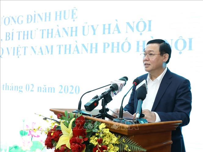 Trong ảnh: Bí thư Thành ủy Hà Nội Vương Đình Huệ phát biểu chỉ đạo và kết luận buổi làm việc. Ảnh: Văn Điệp - TTXVN