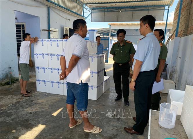 Trong ảnh: Đoàn Thanh tra của Tổng cục Thủy sản kiểm tra đột xuất tại Công ty TNHH sản xuất giống thủy sản Phong Phú VN. Ảnh: Công Thử - TTXVN