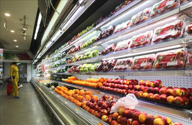 Trong ảnh: Tại siêu thị Vinmart Hoàng Đạo Thuý, quầy rau xanh ăn lá, củ quả luôn trong tình trạng đầy đặn, không bị hết nhẵn. Ảnh: Thành Đạt - TTXVN 