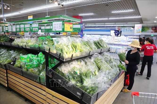 Trong ảnh: Tại siêu thị Vinmart Hoàng Đạo Thuý, quầy rau xanh ăn lá, củ quả luôn trong tình trạng đầy đặn. Ảnh: Thành Đạt - TTXVN 