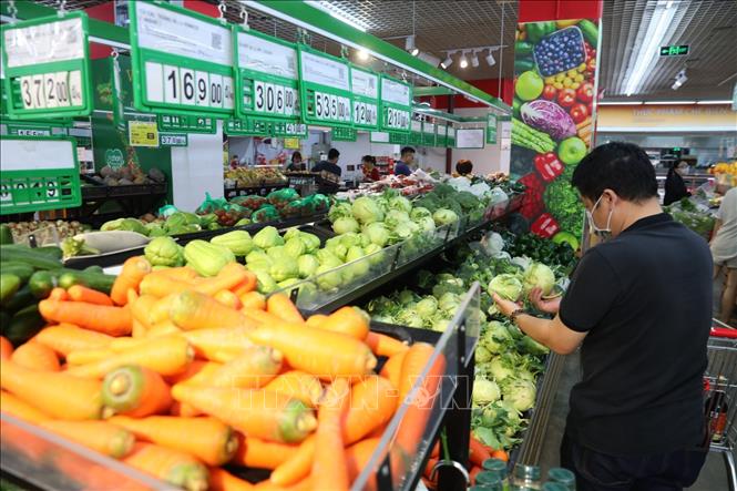 Trong ảnh: Tại siêu thị Vinmart Hoàng Đạo Thuý, quầy rau xanh ăn lá, củ quả luôn trong tình trạng đầy đặn. Ảnh: Thành Đạt - TTXVN 