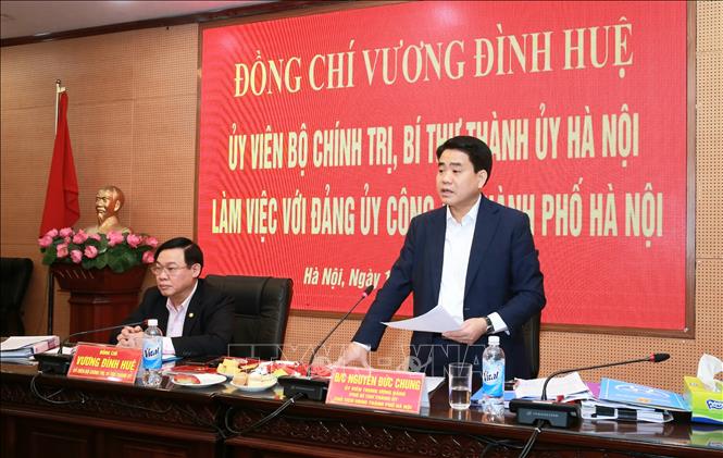 Trong ảnh: Chủ tịch UBND TP. Hà Nội Nguyễn Đức Chung phát biểu. Ảnh: Doãn Tấn - TTXVN