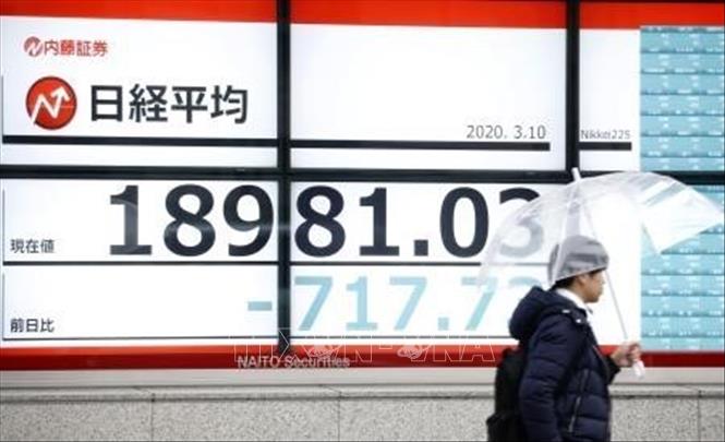Trong ảnh: Bảng chỉ số chứng khoán tại Tokyo, Nhật Bản, ngày 10/3/2020. Ảnh: Kyodo/ TTXVN