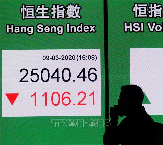 Trong ảnh: Bảng chỉ số chứng khoán tại Hong Kong, Trung Quốc, ngày 9/3/2020. Ảnh: THX/ TTXVN