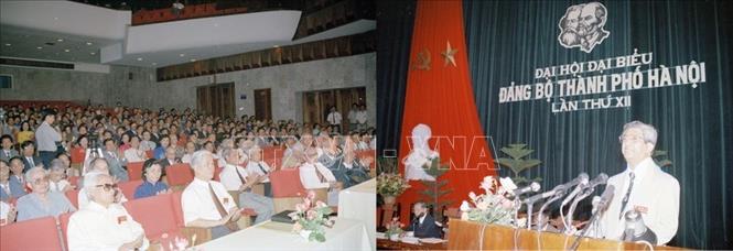 Trong ảnh: Bí thư Thành ủy Hà Nội Phạm Thế Duyệt đọc diễn văn khai mạc Đại hội đại biểu Đảng bộ thành phố Hà Nội lần thứ XII (9/5/1996). Ảnh; Minh Điền - TTXVN