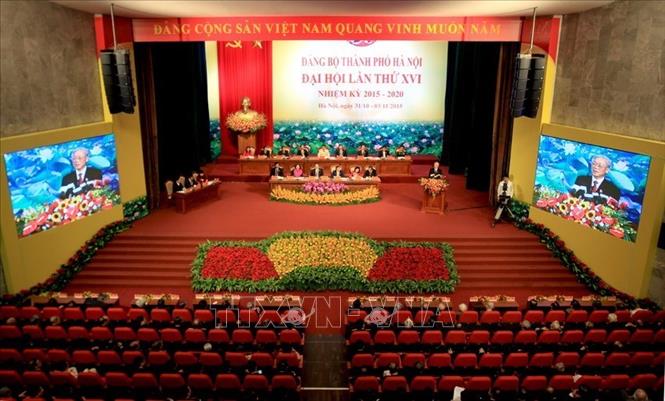 Trong ảnh: Quang cảnh Đại hội đại biểu Đảng bộ thành phố Hà Nội lần thứ XVI, nhiệm kỳ 2015-2020. Ảnh: An Đăng – TTXVN