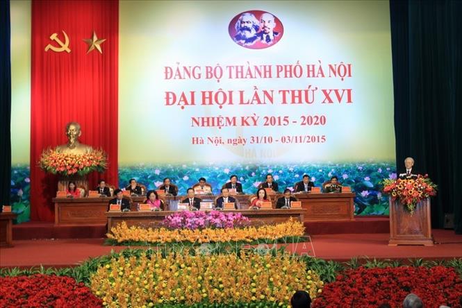 Trong ảnh: Tổng Bí thư Nguyễn Phú Trọng đến dự và phát biểu tại Đại hội đại biểu Đảng bộ thành phố Hà Nội lần thứ XVI, nhiệm kỳ 2015-2020. Ảnh: An Đăng – TTXVN