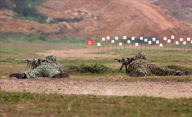 Trong ảnh: Bộ đội Đặc công trình diễn kỹ thuật ngụy trang và bắn súng. Ảnh: Dương Giang - TTXVN