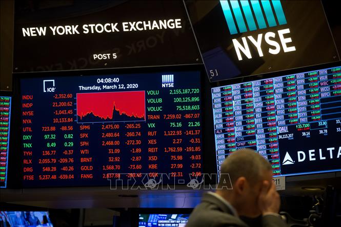 Trong ảnh: Bảng chỉ số chứng khoán tại sàn giao dịch New York, Mỹ ngày 12/3/2020. Ảnh: THX/TTXVN