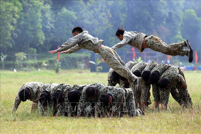 Trong ảnh: Chiến sĩ đặc công huấn luyện võ thuật và kỹ thuật ngụy trang. Ảnh: Dương Giang - TTXVN