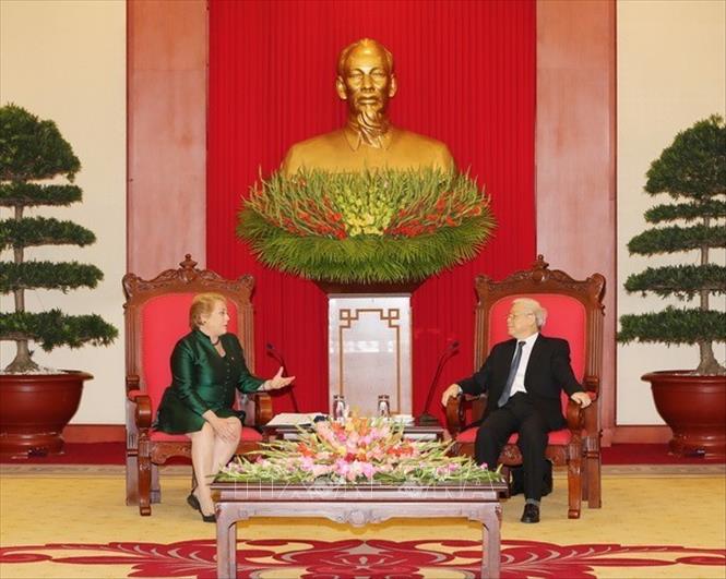 Trong ảnh: Chiều 9/11/2017, tại Hà Nội, Tổng Bí thư Nguyễn Phú Trọng tiếp Tổng thống Cộng hòa Chile Michelle Bachelet Jeria thăm cấp Nhà nước tới Việt Nam. Ảnh: Trí Dũng – TTXVN