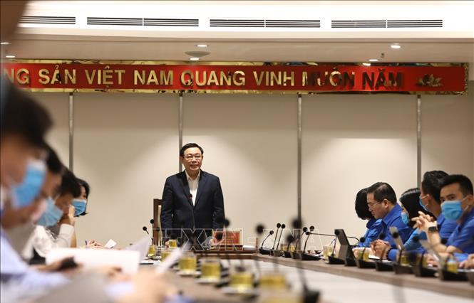 Trong ảnh: Bí thư Thành ủy Hà Nội Vương Đình Huệ phát biểu chỉ đạo tại buổi làm việc. Ảnh: Văn Điệp - TTXVN