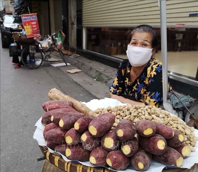 Trong ảnh: Một người bán hàng rong trong ngõ nhỏ đã ý thức đeo khẩu trang để phòng, chống dịch COVID-19. Ảnh: TTXVN

