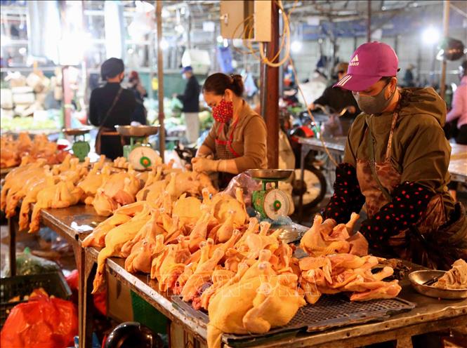 Trong ảnh: Chuẩn bị nguồn thực phẩm tại một quầy hàng ở chợ Phùng Khoang trong ngày 1/4 - ngày đầu tiên thực hiện cách ly toàn xã hội. Ảnh: Vũ Sinh - TTXVN