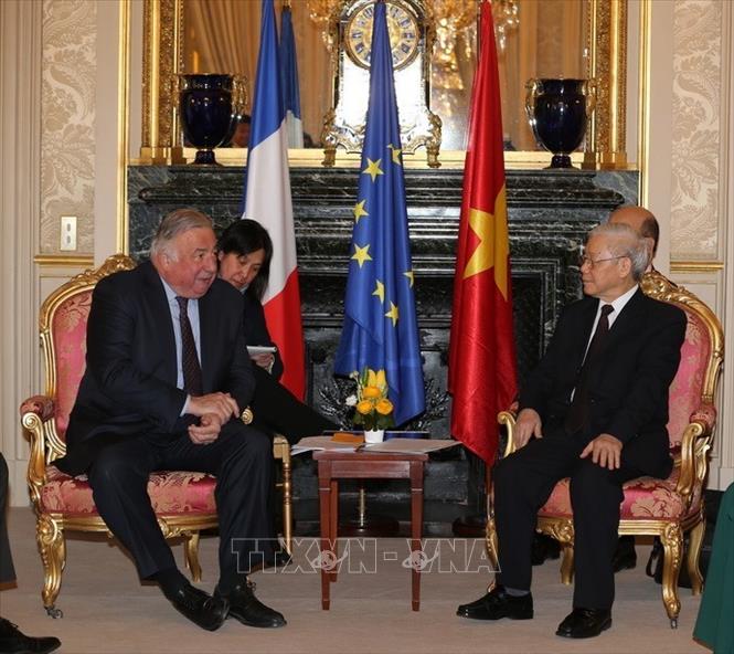 Trong ảnh: Tổng Bí thư Nguyễn Phú Trọng hội kiến Chủ tịch Thượng viện Pháp Gérard Larcher, chiều 26/3/2018, tại Thủ đô Paris trong chuyến thăm chính thức Cộng hòa Pháp từ ngày 25 - 27/3/2018. Ảnh: Trí Dũng – TTXVN  