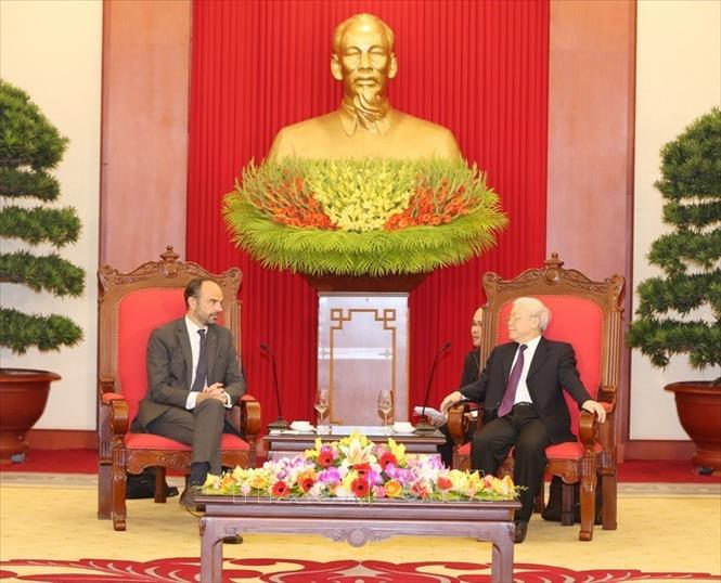 Trong ảnh: Chiều 2/11/2018, tại Hà Nội, Tổng Bí thư, Chủ tịch nước Nguyễn Phú Trọng tiếp Thủ tướng Pháp Pháp Édouard Philippe thăm chính thức Việt Nam. Ảnh: Trí Dũng – TTXVN