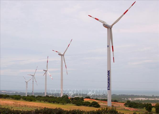 Trong ảnh: Các tổ máy sản xuất điện từ năng lượng gió của Công ty Cổ phần Năng lượng tái tạo Việt Nam (REVN) tại huyện Tuy Phong, tỉnh Bình Thuận. Ảnh: Ngọc Hà - TTXVN