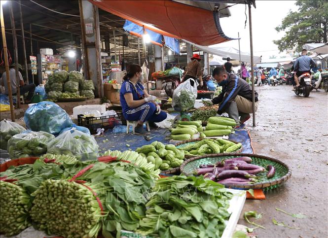 Trong ảnh: Tiểu thương kinh doanh và người dân đến mua sắm trong chợ đầu mối Minh Khai chấp hành tốt chỉ thị số 16/CT-TTg, ngày 31/3/2020 của Thủ tướng Chính phủ. Ảnh: Vũ Sinh - TTXVN