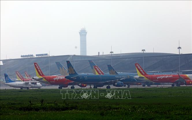 Trong ảnh: Hàng loạt máy bay của các hãng hàng không đậu tại sân bay quốc tế Nội Bài. Ảnh: Huy Hùng - TTXVN