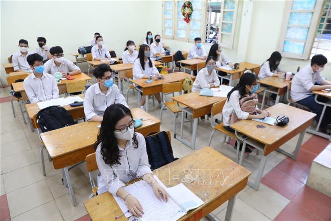 Trong ảnh: Các lớp học trường THPT Việt Đức đều đảm bảo giãn cách. Ảnh: Thành Đạt - TTXVN 