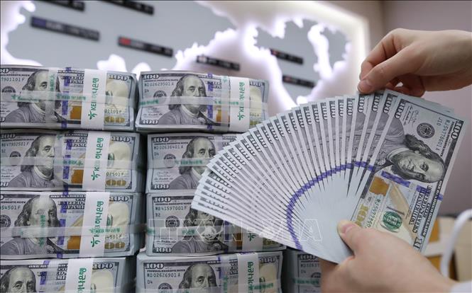 Trong ảnh: Nhân viên ngân hàng kiểm đồng đôla Mỹ tại Ngân hàng KEB Hana ở Seoul, Hàn Quốc ngày 20/3/2020. Ảnh: YONHAP/TTXVN 