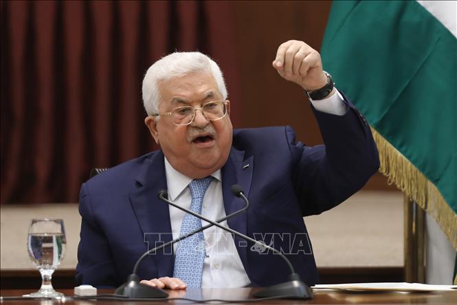 Trong ảnh: Tổng thống Mahmoud Abbas phát biểu tại cuộc họp ở thành phố Ramallah, Bờ Tây ngày 19/5/2020. Ảnh: AFP/TTXVN