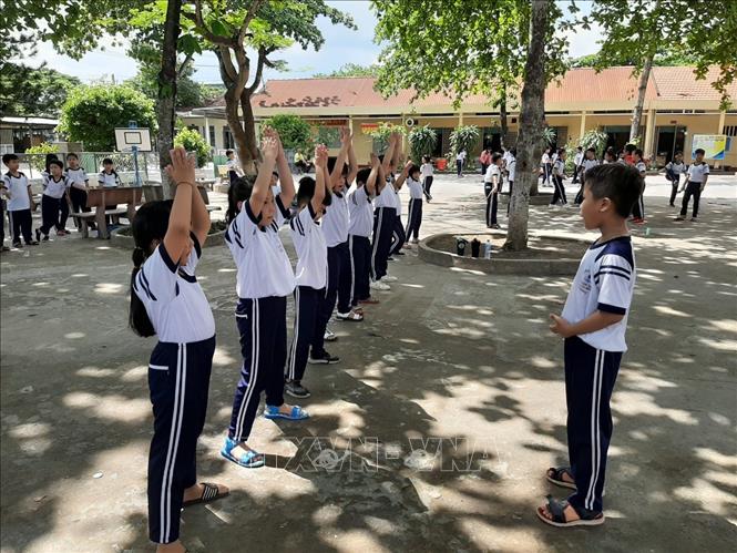 Trong ảnh: Sân trường Tiểu học Võ Văn Ngân, huyện Đức Hòa đa số là cây bàng. Nhà trường chọn giải pháp tỉa cành, làm khung sắt chống đỡ những cây cao lâu năm vừa bảo đảm an toàn, vừa tạo bóng mát cho sân trường. Ảnh: Đức Hạnh - TTXVN